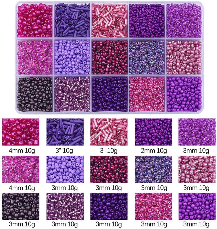 Basigeese Mix 15 Color Glass Seed Tube Beads Glass Bugle Beads Loose Kit for Jewelry Making DIY Craft Beading (Mix 15 Color, Purple) - Image 2